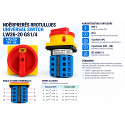 Ndërprerës Rrotullues 4P OFF-ON 20A LW26-20 GS1/4 | Smarttronik