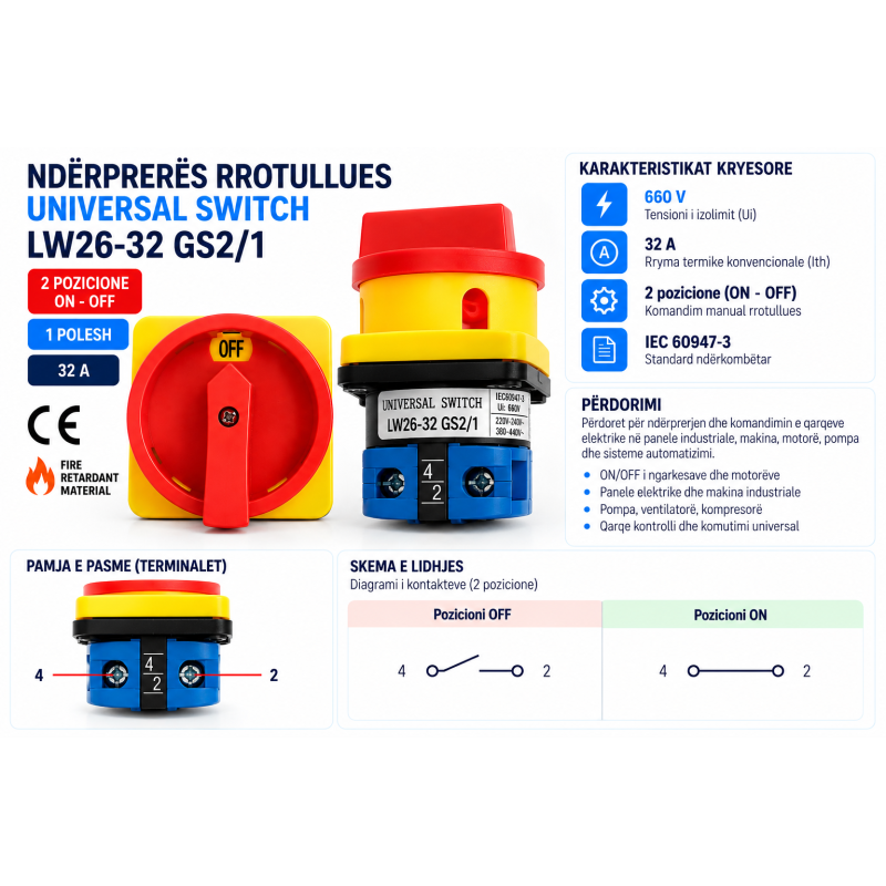 Ndërprerës Rrotullues ON/OFF 1P 32A LW26-32 GS2/1 | Smarttronik