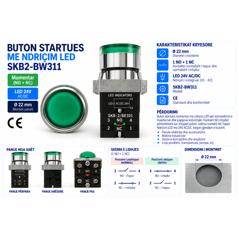 Buton Startues LED 24V NO+NC SKB2-BW311 | Smarttronik