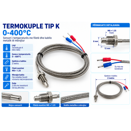 Termokuple Tip K M8 0–400°C, 2m | Smarttronik Kosovë