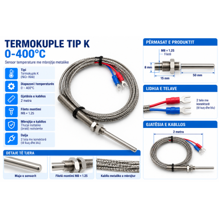 Termokupël Tip K 0–400°C, Sondë 50mm M8×1.25 | Smarttronik