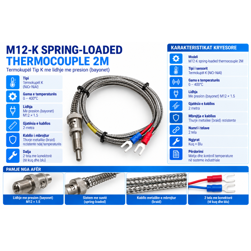 Termoçift Tip K M12×1.5 me Sustë, 2m, 0–400°C | Smarttronik