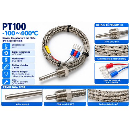 Sensor Temperature PT100 –100/+400°C SS304 50mm | Smarttronik Kosovë