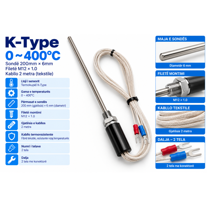 ermocuple Tip K 200mm Ø6mm M12 0–400°C | Smarttronik