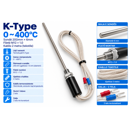 ermocuple Tip K 200mm Ø6mm M12 0–400°C | Smarttronik