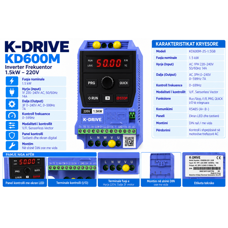 Inverter Frekuentor 1.5kW – 220V, KD600M-2S-1.5GB