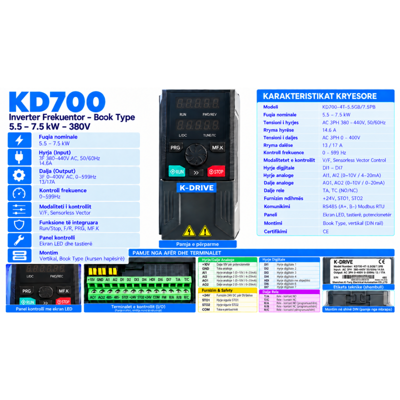 Inverter Frekuentor KD700 – 5.5kW / 7.5kW, 380V, Book Type